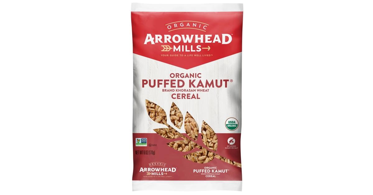 Bag of Arrowhead Mills Puffed Kamut cereal on white background