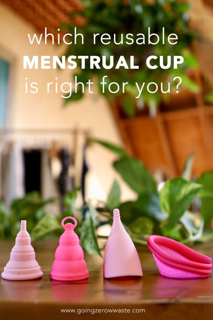 menstrual cups in a row with overlay text reading "which reusable menstrual cups is right for you?" in a post about using a menstrual cups.